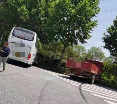 客車和貨車路口互不禮讓 并排沖進(jìn)路邊綠化帶