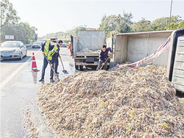 貨車高速公路上突然爆胎 近3噸魚飼料翻倒路面